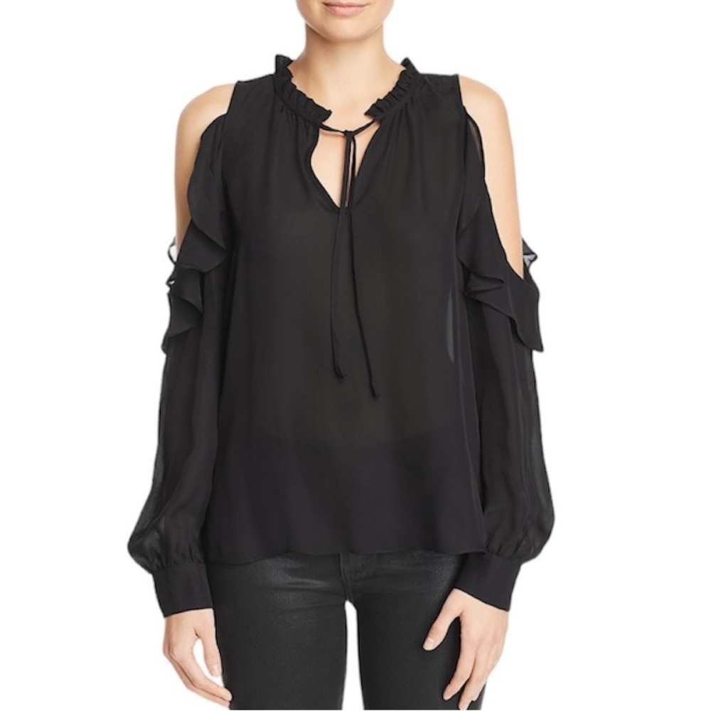 Parker Marjorie Cold Shoulder Silk Blend Ruffle Blouse Black Size Small